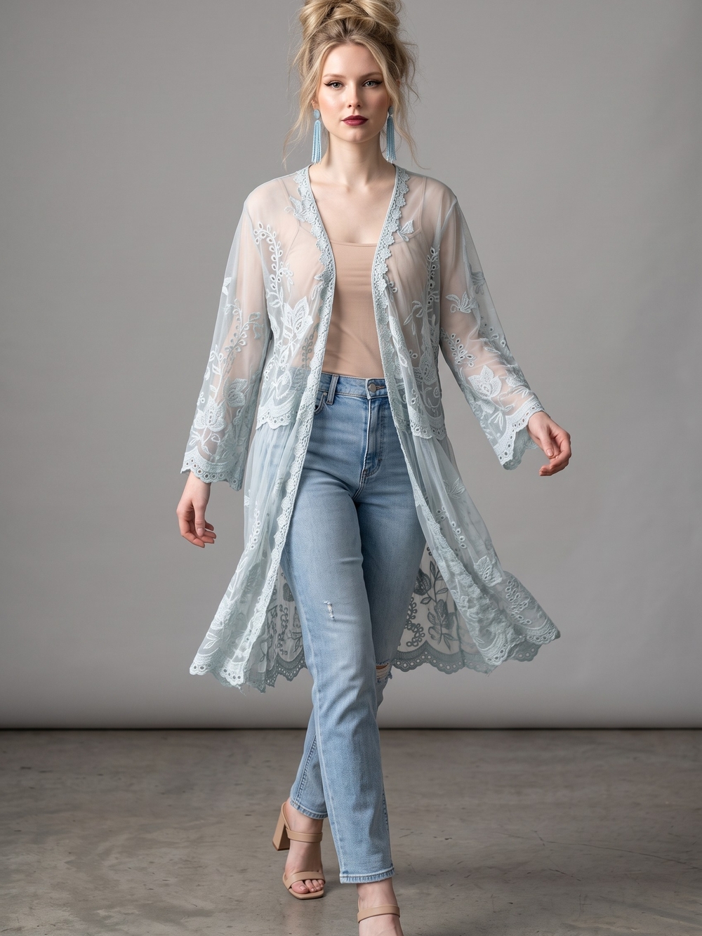 Sheer Delicate Embroidered Kimono Robe in Pale Green
